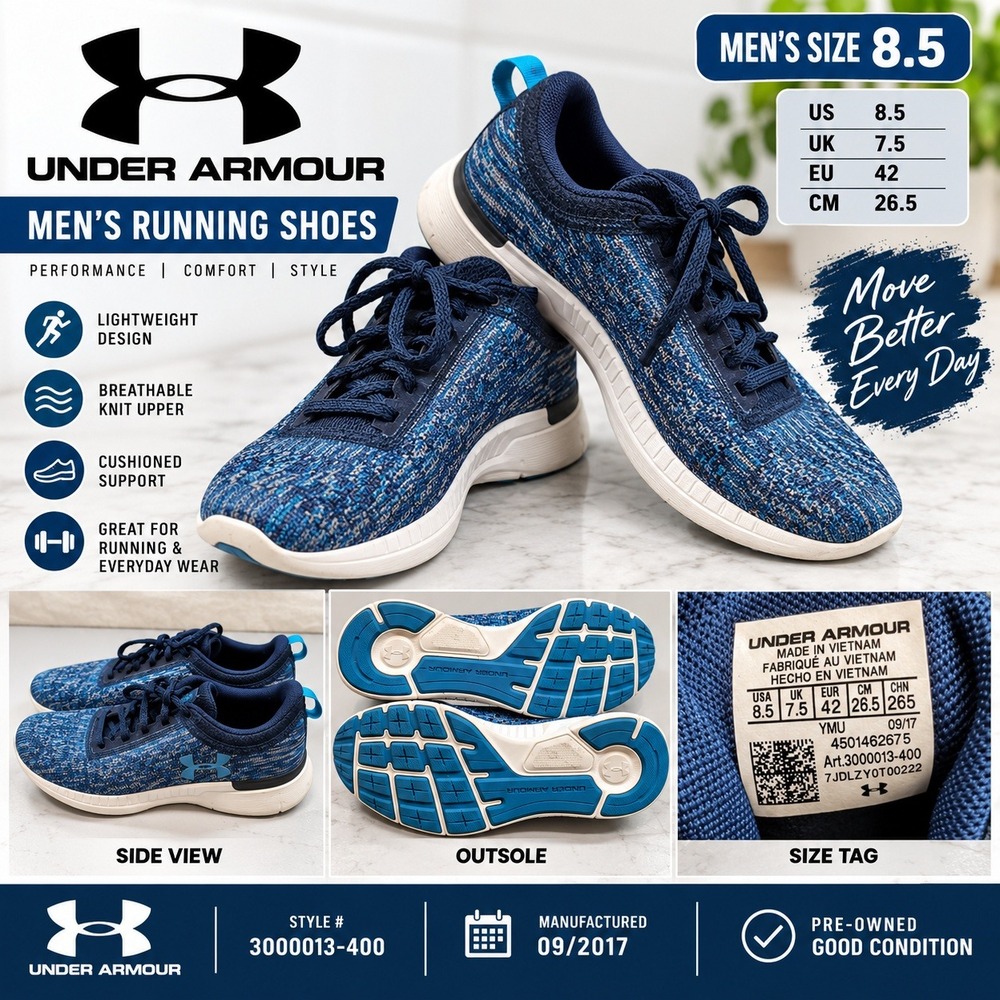 Under Armour Mens Running Shoes Blue Knit Athletic Sneakers 3000013-400 Size 8.5